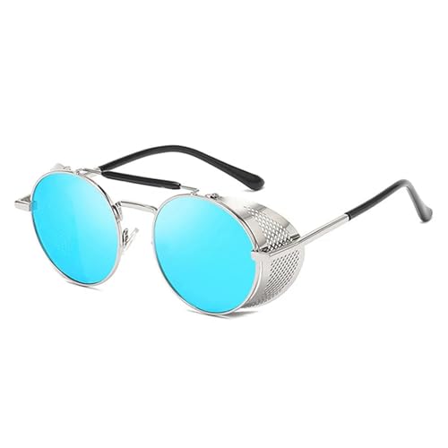 WUFANGBU Sonnenbrille Herren Vintage Steampunk Sonnenbrille Männer Runde Brille Steam Punk Metall Sonnenbrille Für Frauen Uv400 C4Blue von WUFANGBU