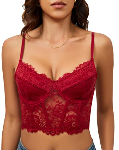WUFCIYBO Spitzen-Korsett-Top Bustier Tops für Frauen Spaghetti Verstellbarer Träger Durchscheinend Crop Bralette Camisole, Weinrot, X-Small von WUFCIYBO