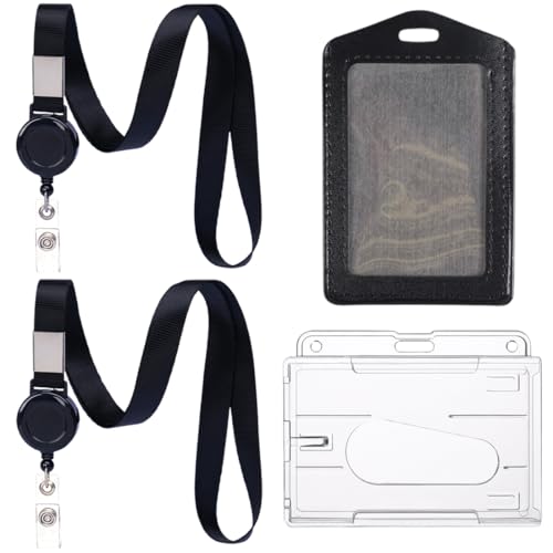 2 Ausweishüllen (mit einziehbaren Lanyards), 1 horizontale, harte, transparente Kartenhülle und 1 vertikale, weiche schwarze Lederkartenhülle, geeignet für Ausweise, Arbeitsausweise, Studentenausweise von WUFKOP