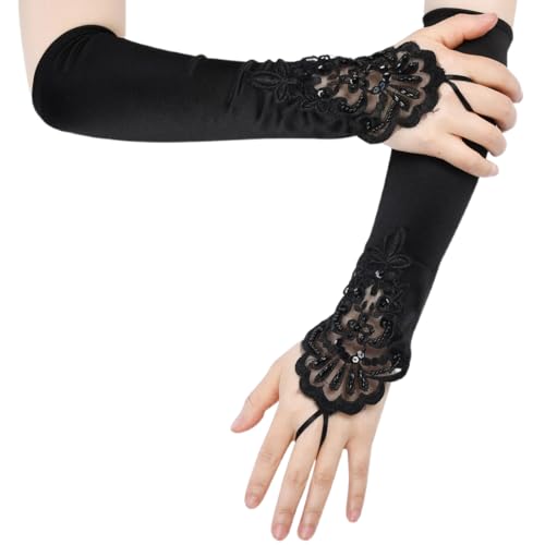 Damen Schwarz Feder Spitze Fingerlose Lange Handschuhe für Damen sind aus schwarzer Federspitze gefertigt und eignen sich perfekt für Opernpartys, Maskenbälle, Cosplay-Kostüme, Halloween-Partys von WUFKOP
