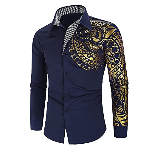 WUGDSQGH Herren Blumen Hemd Langarm Personalisiertes Bedrucktes Hemd Herren Herbst Slim Langarm Gold Schwarz Hemd Herren Social Herren Herren Club Abschlussball Hemd, Marineblau, M von WUGDSQGH