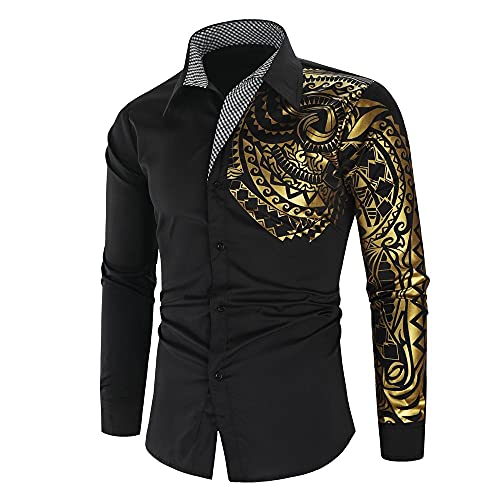 WUGDSQGH Herren Blumen Hemd Langarm Personalisiertes Bedrucktes Hemd Herren Herbst Slim Langarm Gold Schwarz Hemd Herren Social Herren Herren Club Abschlussball Hemd, Schwarz, L von WUGDSQGH