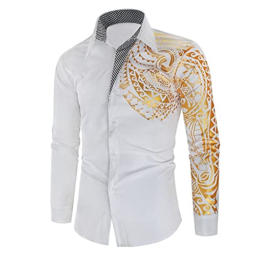 WUGDSQGH Herren Blumen Hemd Langarm Personalisiertes Bedrucktes Hemd Herren Herbst Slim Langarm Gold Schwarz Hemd Herren Social Herren Herren Club Abschlussball Hemd, Weiß, 3XL von WUGDSQGH