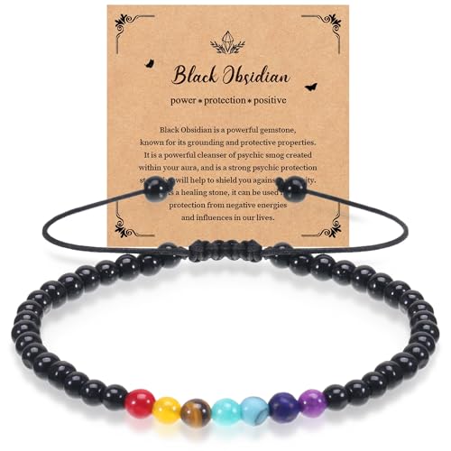 WUISOLQP Obsidian Armband, 7 Chakra Armband Edelstein Armband Damen mit Karte Armkette Aamen Armbander Steine Women Bracelet Armbänder Damen Herren von WUISOLQP