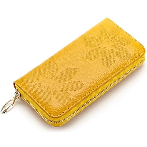 Lange Damen-Geldbörse, echtes Leder, modisch, Reißverschluss, Münzgeldbörse, Luxus, Geldtasche, Kreditkarten, Clutch, große Handy-Geldbörse, gelb, Einheitsgröße von WUJIHE