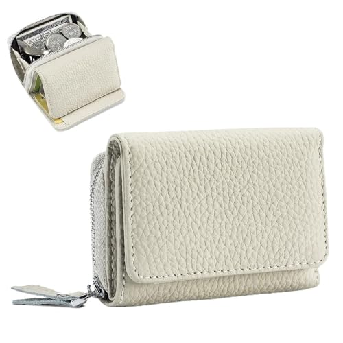 Neue Damen Geldbörsen Mini RFID Geldbörsen Kurz Echtes Leder Geldbörse Multifunktional Große Kapazität Geld Tasche Kleingeld Tasche Aufbewahrungstasche, beige, Einheitsgröße von WUJIHE