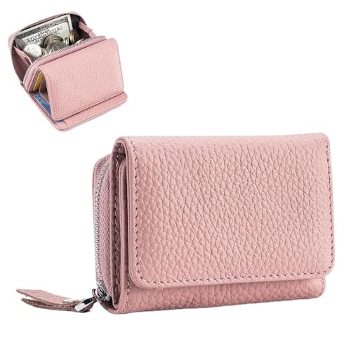 Neue Damen Geldbörsen Mini RFID Geldbörsen Kurz Echtes Leder Geldbörse Multifunktional Große Kapazität Geld Tasche Kleingeld Tasche Aufbewahrungstasche, rose, Einheitsgröße von WUJIHE