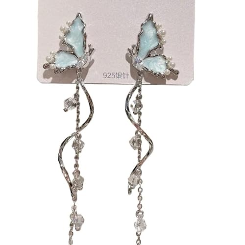 Temperament blau glasierte Schmetterling baumeln Ohrringe für Frauen Strass Perle Quaste Anhänger Ohrringe Party Damenschmuck Geschenke, ED1046-1 von WUJIHE