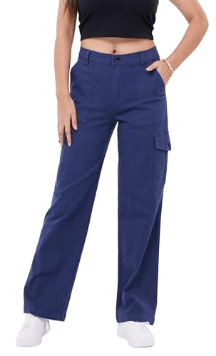 WULFUL Cargohose für Damen, hohe Taille, Freizeithose, Baggy, dehnbar, weites Bein, Y2K, Streetwear mit 6 Taschen, US 4-18, Marineblau, 38 von WULFUL