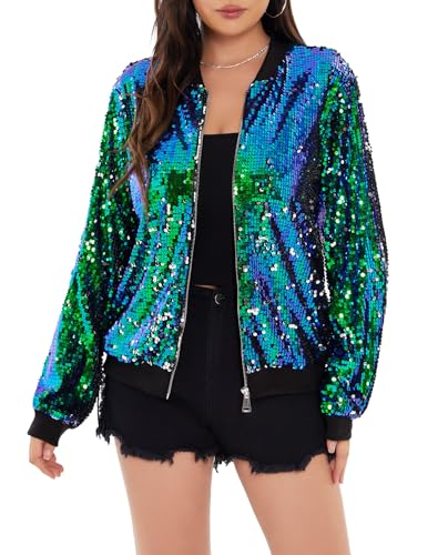 WULFUL Damen Pailletten Jacken Sparkly Glitter Langarm Front Reißverschluss Bomber Blazer Party Kostüm, Blau / Grün, XL von WULFUL