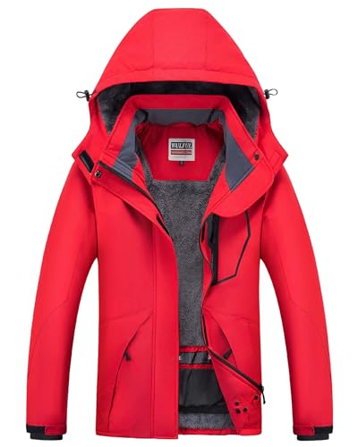 WULFUL Damen wasserdichte Schnee-Skijacke Mountain Winddichter Wintermantel mit abnehmbarer Kapuze, Rot/Ausflug, einfarbig (Getaway Solids), Mittel von WULFUL