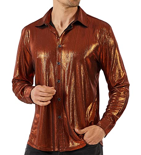 WULFUL Herren Disco Hemd Pailletten Luxus Party Langarm Button Down Shirt Weihnachten Abschlussball Halloween Kostüm, Braun 0157, Mittel von WULFUL