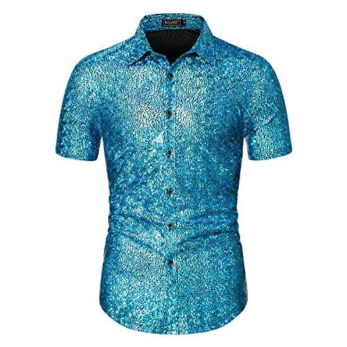 WULFUL Herren Disco Shirt Pailletten Kurzarm Button Down Shirts 70er Jahre Party Kostüm Kleid Hemden, Blue0150, L von WULFUL