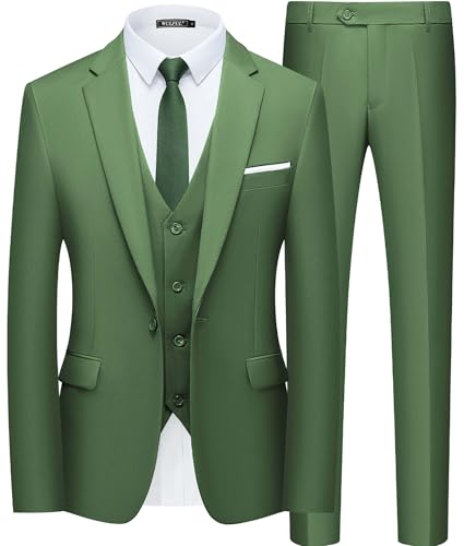 WULFUL Herren Slim Fit Anzug Ein-Knopf 3 Teilig Blazer Kleid Business Hochzeit Party Jacke Weste & Hose, Grün (5 Stück/Set), XX-Large von WULFUL