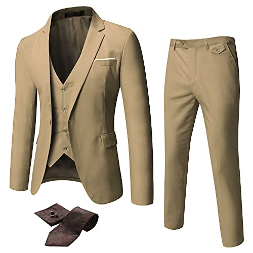 WULFUL Herren Slim Fit Anzug Ein-Knopf 3 Teilig Blazer Kleid Business Hochzeit Party Jacke Weste & Hose, Khaki (5 Stück/Set), XX-Large von WULFUL