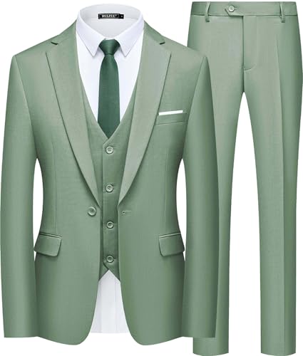 WULFUL Herren Slim Fit Anzug Ein-Knopf 3-teiliges Blazer Kleid Business Hochzeit Party Jacke Weste & Hose, lichtgrün, L von WULFUL