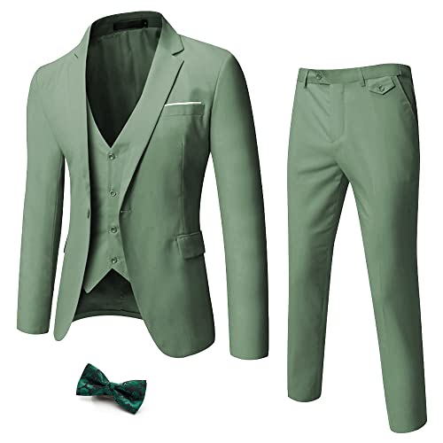 WULFUL Herren Slim Fit Anzug Ein Knopf 3-teiliges Blazer Kleid Business Hochzeit Party Jacke Weste & Hose, lichtgrün, S von WULFUL