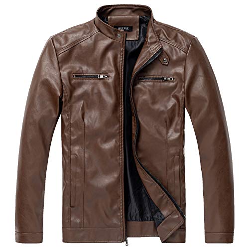 WULFUL Herren Stehkragen Lederjacke Motorrad Leichte Kunstleder Oberbekleidung, Braun 1303, M von WULFUL