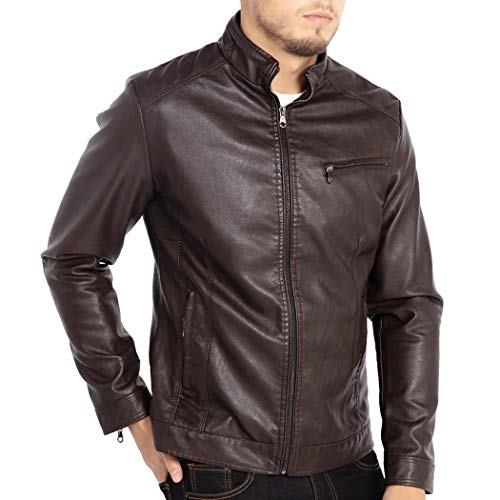 WULFUL Herren Stehkragen Lederjacke Motorrad leichte Kunstleder Outwear groß Kaffee von WULFUL