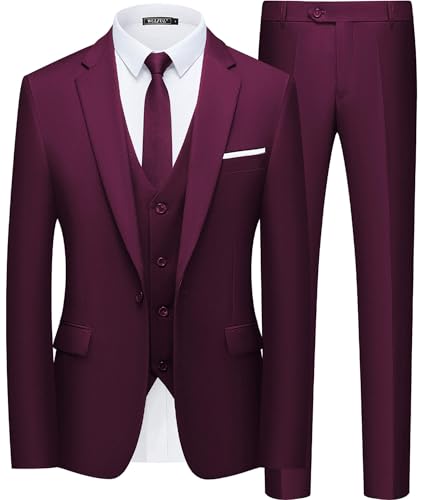WULFUL Herren anzug slim fit one button 3-piece klage-blazer-kleid geschäft hochzeit jacke weste und hose mittel dunkelrot von WULFUL