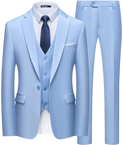WULFUL Herren anzug slim fit one button 3-piece klage-blazer-kleid geschäft hochzeit jacke weste und hose mittel hellblau von WULFUL