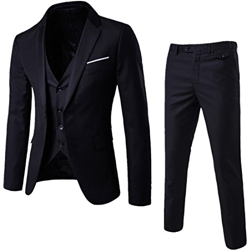 WULFUL Herren anzug slim fit one button 3-piece klage-blazer-kleid geschäft hochzeit jacke weste und hose x-Klein schwarz von WULFUL