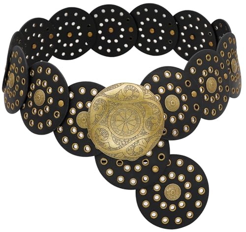 WULIQIUQIU Breiter Scheibengürtel für Damen, Boho-Concho, Ledergürtel, Vintage, Western-Taillengürtel, Schwarz, 115-113.25 cm WULIQIUQIU Breiter Scheibengürtel für Damen, Boho-Concho, Ledergürtel, Vintage, Western-Taillengürtel, Schwarz, 115-113.25 cm von WULIQIUQIU