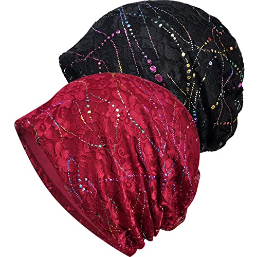 WULIQIUQIU Chemo-Mütze aus Spitze für Damen, Turban, Krebs, Slouchy Hat, A-Schwarz + Rot, Einheitsgröße von WULIQIUQIU