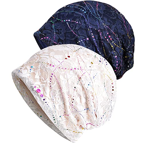 WULIQIUQIU Chemo-Mütze aus Spitze für Damen, Turban, Krebs, Slouchy Hat, A-Weiß + Marineblau, Einheitsgröße von WULIQIUQIU