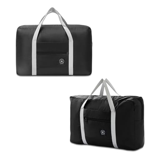 WUMUZAI Faltbare Reisetasche mit Trolleyhülle, leicht, zusammenklappbar, Gepäcktaschen für Reisen, faltbare Nachttasche, Wochenendtasche für Damen und Herren, 2 Stück, Schwarz , Faltbare Reisetasche von WUMUZAI