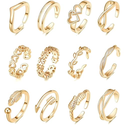WUMZIRA 12 Stücke Offene Zehenringe Set für Damen Mädchen, Einfach verstellbarer Knöchelring Zehenringe Knöchel Midi Schwanz Pinky Ringe Fußschmuck(Gold) von WUMZIRA