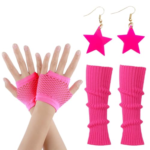 WUMZIRA 3 Pcs Fischnetz Handschuhe, Frauen-Ohrringe, Elastische Neon Beinstulpen und Netzhandschuhe Set 80er Jahre Kostüm Zubehör von WUMZIRA