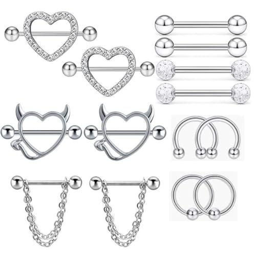 WUMZIRA 7 Paar 14G Nippelpiercing Chirurgenstahl für Damen Brustwarzenpiercing Zungenpiercing Edelstahl Nippel Piercing Schmetterling Herz Barbell Piercing Körperschmuck Set für Frauen Mädchen von WUMZIRA