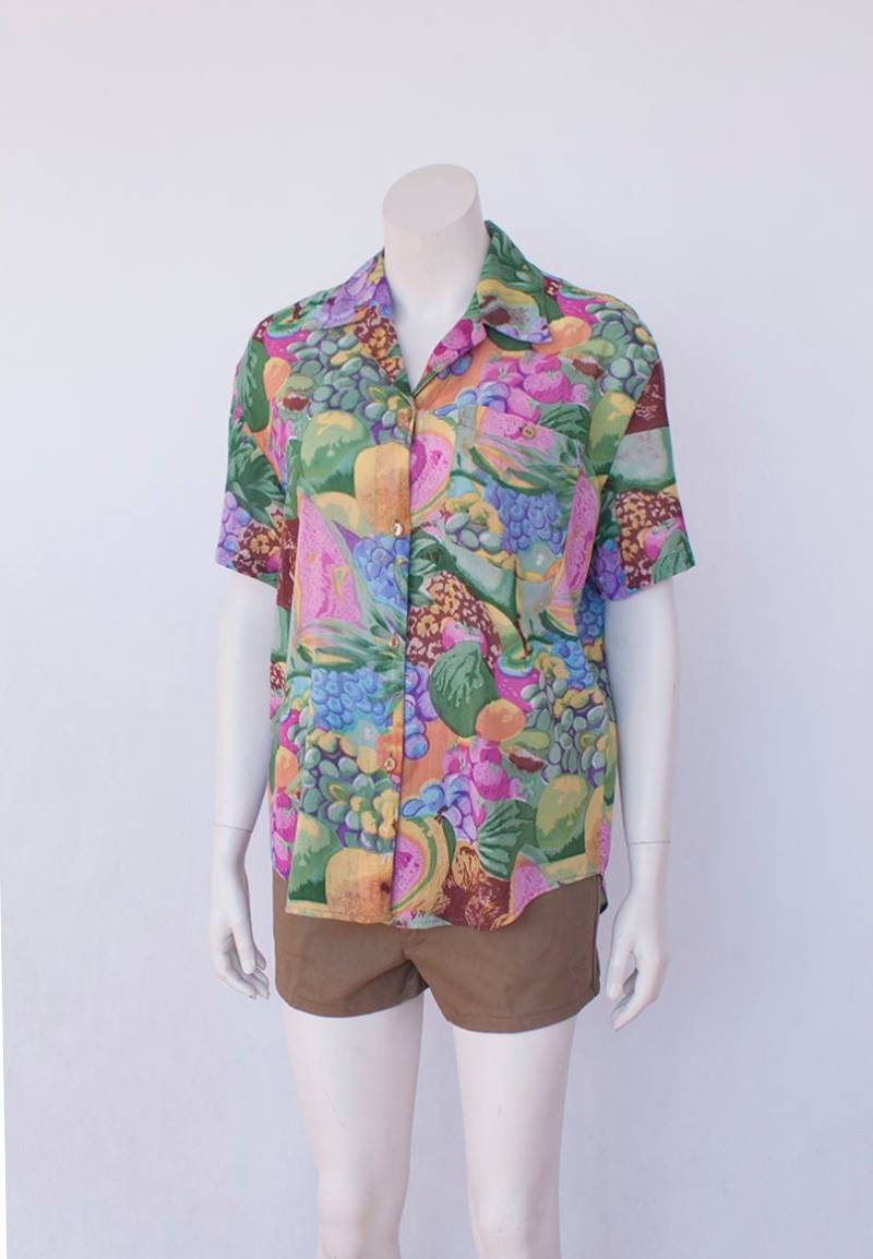 Retro Button Up Shirt, Kurzarm Buntes Floral Vintage Blumen Und Früchte, Frau M Bluse Aus Leichter Baumwolle Retro Button Up Shirt, Kurzarm Buntes Floral Vintage Blumen Und Früchte, Frau M Bluse Aus Leichter Baumwolle von WUNDERRAG