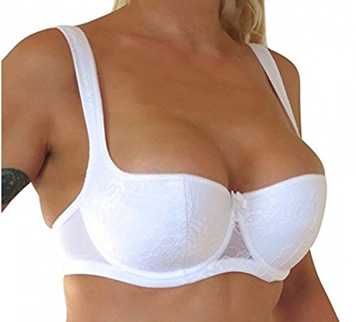 Mega sexy Balconett Push up Bügel BH mit extra Kissen Spitze Weiss 70 75 80 85 90 95 100 A B C D E F G Größe 100 E von WUNDERSHOP