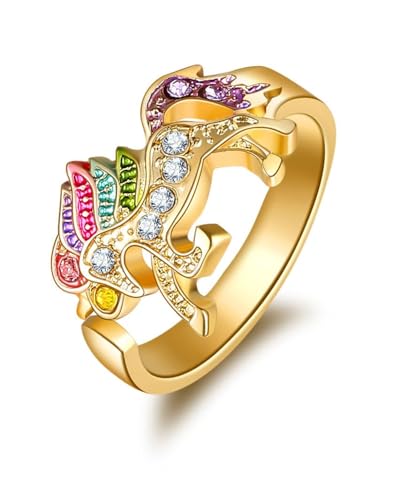 WUNZILO 1 Stück Regenbogen Einhorn Ring mit Strass Einstellbare Öffnung Cartoon Einhorn Mädchen Ring (Gold) von WUNZILO