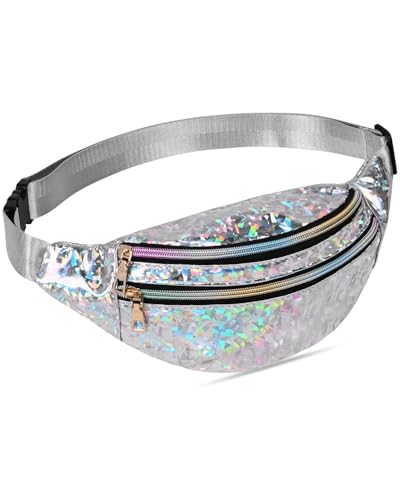 WUNZILO 1 pcs Bauchtasche Damen Wasserdicht Gürteltasche mit 3 Reißverschluss Fächer und Reflektierender 80er,90er Jahre Outfit Damen Bauchtasche, Stylisch Hüfttasche Mädchen für Festival,Party,Sport von WUNZILO