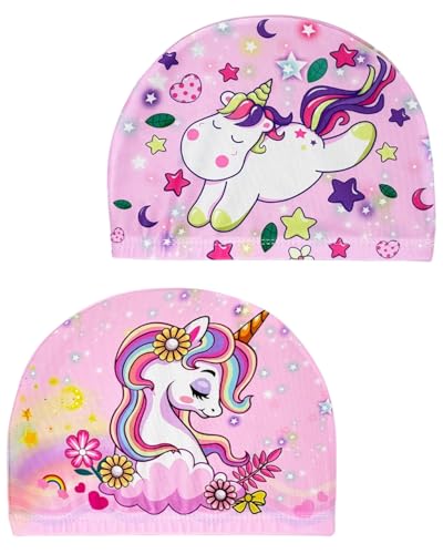 WUNZILO 2 pcs Badekappe Mädchen Einhorn, Badekappe Kinder, Badehaube Kinder, Bademütze Kinder, Badekappe Mädchen Lange Haare, Schwimmhaube Kinder, Swimming Cap von WUNZILO