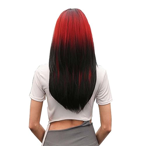 Perücke mit Farbverlauf, langes Haar, lang, synthetisch, hitzebeständig, seitlicher Pony, Halloween-Kostüm, Haarperücken für Frauen (Rot/Schwarz) von WUODHTW