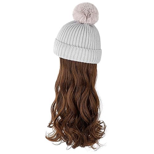 WUODHTW Damen Hutperücke Herbst und Winter Strickhut mit abnehmbarem Haar und Pompon, One Size, Grau mit hellbraunem Haar, Klassisch, Wasserdicht: Nein, Waschbar: Ja von WUODHTW