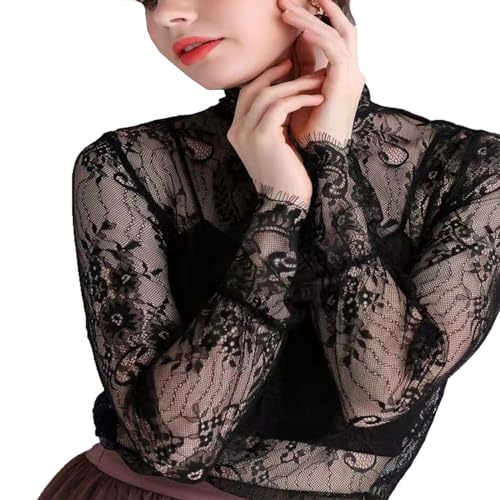 WUODHTW Damen-Langarm-Netz-Oberteil, Stehkragen, durchscheinende Bluse, Spitze, Blumenmuster, durchsichtig, schwarze Spitze, Unterhemd, schwarz 1, X-Large von WUODHTW
