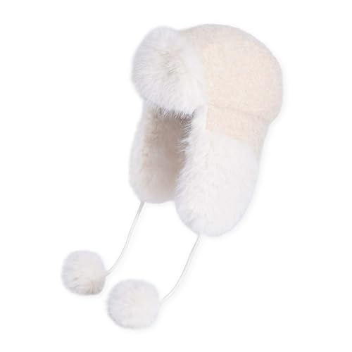 WUODHTW Damen Winter Warm Knit Beanie Skull Cap Russische Uschanka Trappermütze mit Ohrenschutz Skimütze Jagdmütze Fellmütze, Beige A, Einheitsgröße von WUODHTW