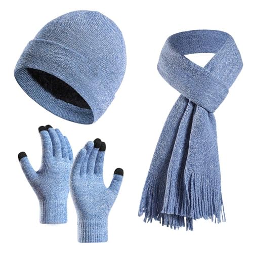 WUODHTW Damen Wintermütze Herren Damen Beanie Mütze Schal Touchscreen Handschuhe Set mit Schal Mütze Handschuh Dreiteiliges Set Strickmütze, hellblau, One size von WUODHTW