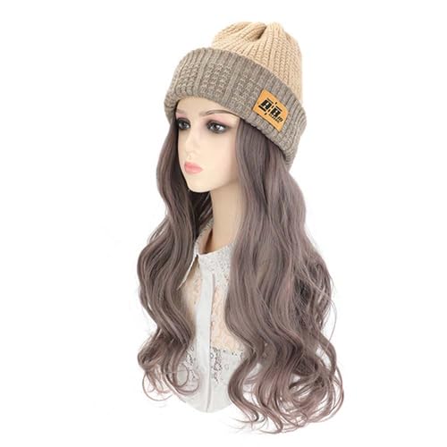 WUODHTW Frauen Beanie Hut Perücke gestrickte Hut Perücke 19.6-Zoll Welle Lockiges Haar Winter Warme Hut Perücke (zwei Tragemethoden) von WUODHTW