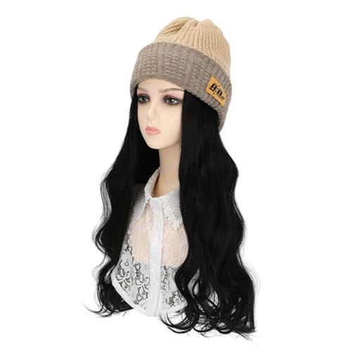 WUODHTW Frauen Beanie Hut Perücke gestrickte Hut Perücke 19.6-Zoll Welle Lockiges Haar Winter Warme Hut Perücke (zwei Tragemethoden) von WUODHTW