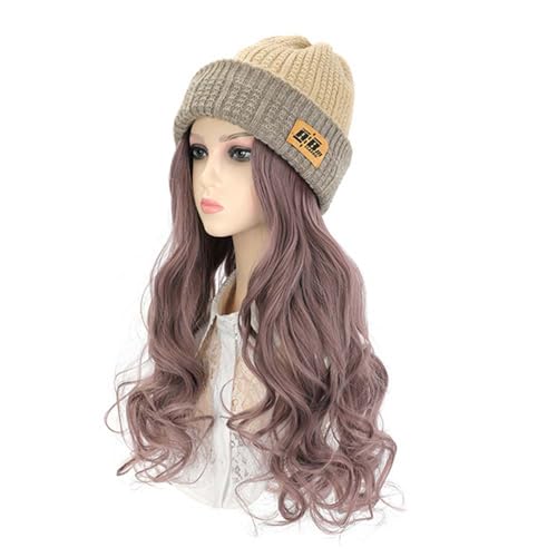 WUODHTW Frauen Beanie Hut Perücke gestrickte Hut Perücke 19.6-Zoll Welle Lockiges Haar Winter Warme Hut Perücke (zwei Tragemethoden) von WUODHTW