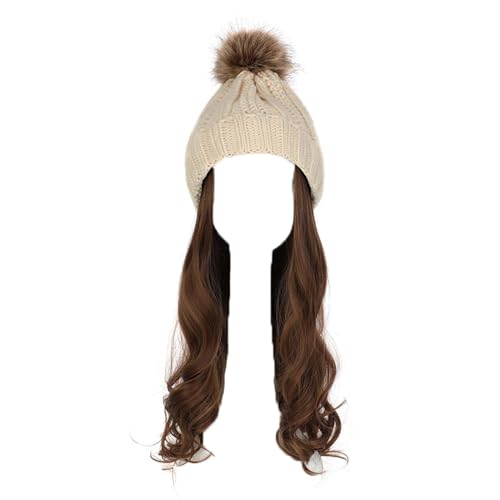 WUODHTW Frauen Beanie Hut Strickmütze Winter Wolle Strickmütze Lange Welle Locken Haar Abnehmbare warme Hutperücke Damenperücke von WUODHTW