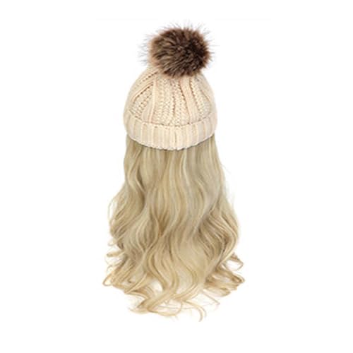 WUODHTW Frauen Beanie Hut Strickmütze Winter Wolle Strickmütze Lange Welle Locken Haar Abnehmbare warme Hutperücke Damenperücke von WUODHTW