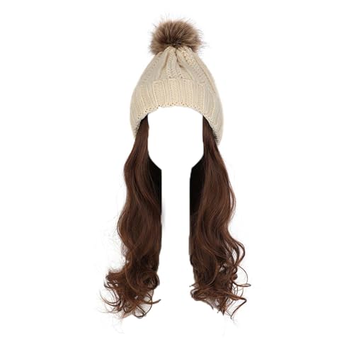 WUODHTW Frauen Beanie Hut Strickmütze Winter Wolle Strickmütze Lange Welle Locken Haar Abnehmbare warme Hutperücke Damenperücke von WUODHTW