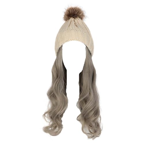 WUODHTW Frauen Beanie Hut Strickmütze Winter Wolle Strickmütze Lange Welle Locken Haar Abnehmbare warme Hutperücke Damenperücke von WUODHTW